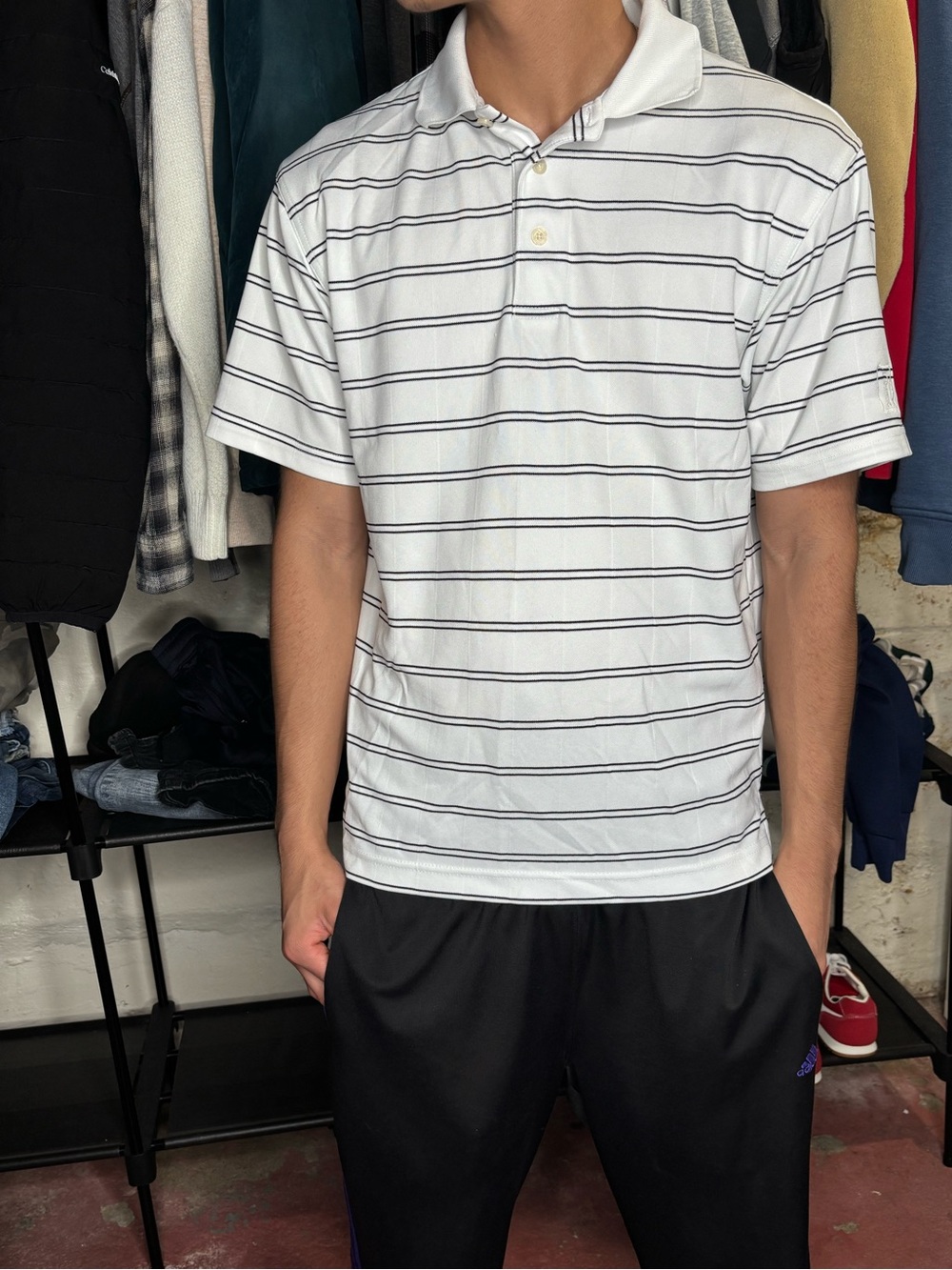 PGA Tour White Polo with Thin Navy Stripes